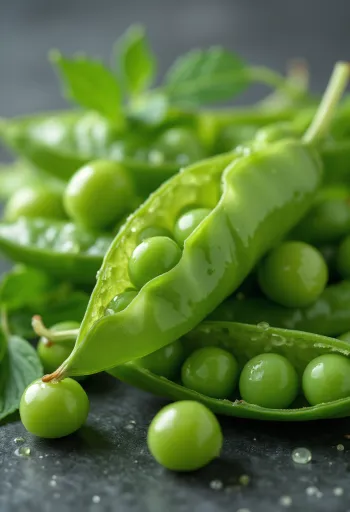 Frische Zuckererbsen (flache Schoten), grün, vor rustikalem Holzhintergrund