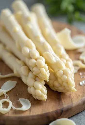 Weißer Spargel in frischer, eleganter Erscheinung vor rustikalem Holzhintergrund