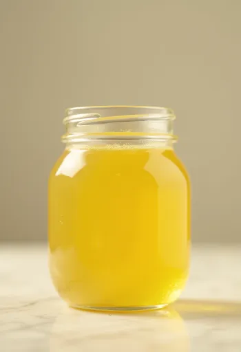 Goldgelbes Ghee in einem kleinen Glas, mit Holzlöffel auf einer Holzoberfläche