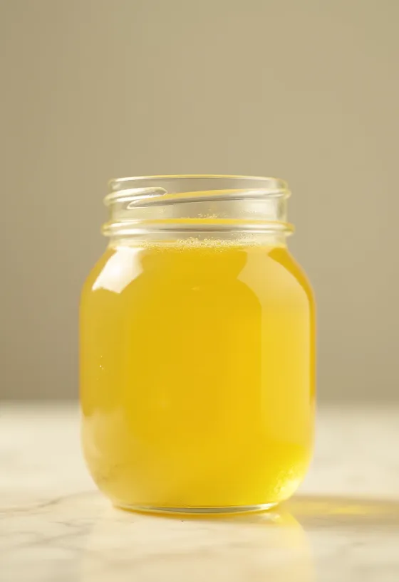 Goldgelbes Ghee in einem kleinen Glas, mit Holzlöffel auf einer Holzoberfläche