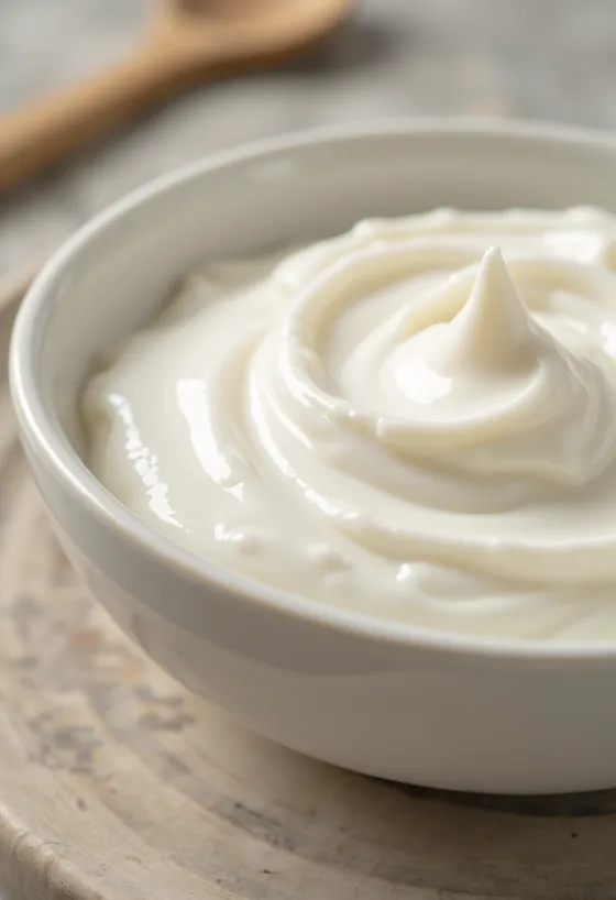 Naturjoghurt in Glasschale, mit Löffel, auf Holzküchentheke