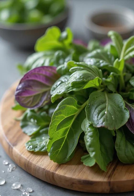Gartenmelde Blätter und Stängel, frisch grün, vor rustikalem Holzhintergrund