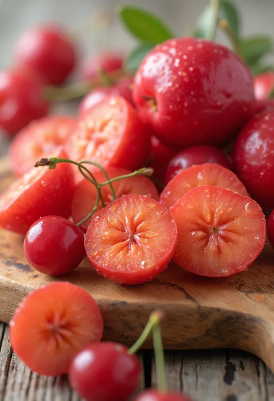 Frische Acerola-Kirschen, aufgeschnitten und ganz, auf neutraler Oberfläche