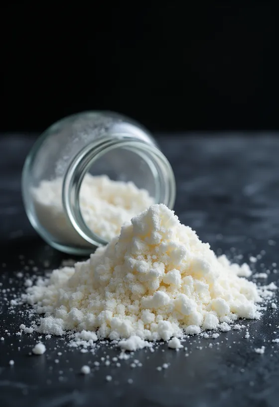 Agar-Agar Pulver im Glas und auf einem Holzlöffel, vor neutralem Hintergrund