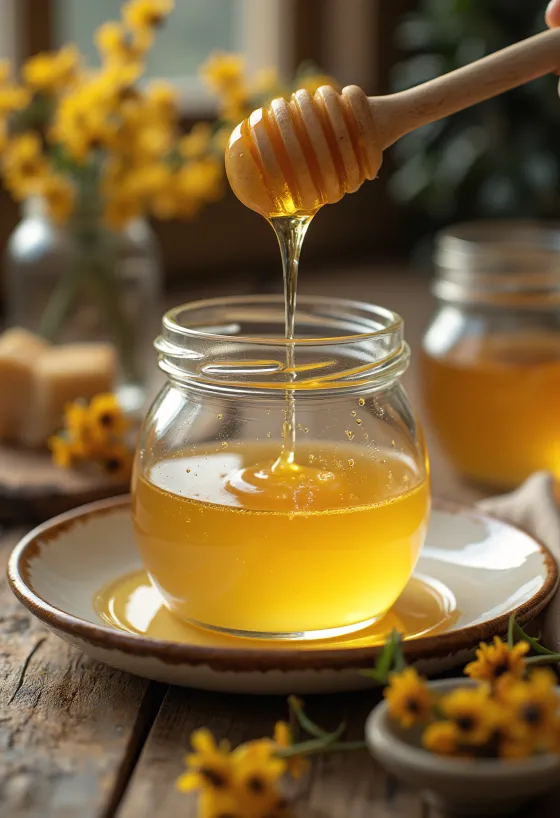 Roher Akazienhonig im Glas, mit Honiglöffel aus Holz und frischen Akazienblüten