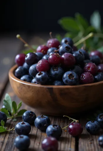 Frische Aroniabeeren im natürlichen Zustand, aufgeschnitten und ganz
