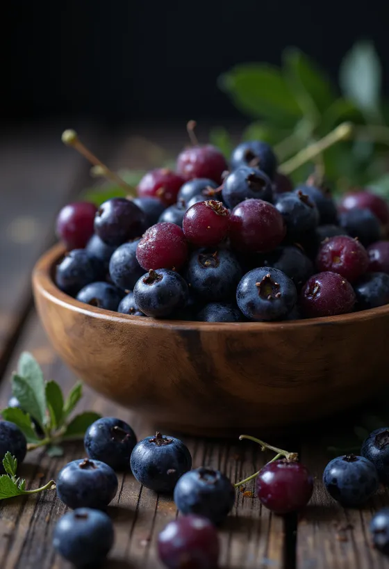 Frische Aroniabeeren im natürlichen Zustand, aufgeschnitten und ganz