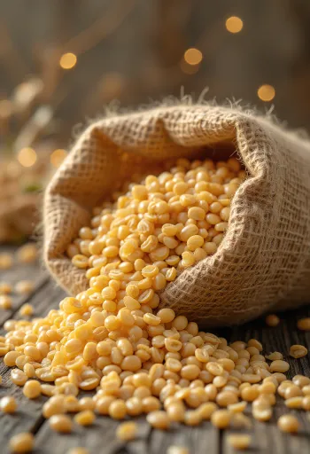 Gereinigte Gerstenkörner in kleinem Sack und auf Holzoberfläche ausgebreitet