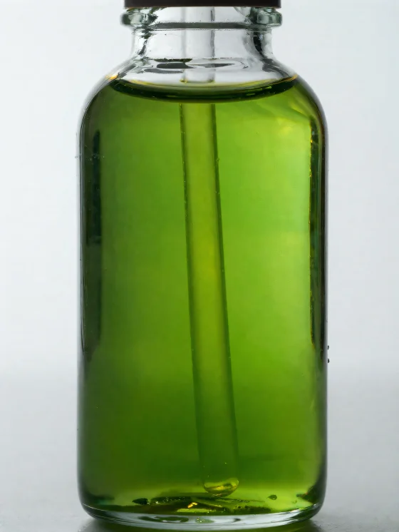 Avocadoöl in kleiner Flasche und Schale vor hellem, neutralem Hintergrund