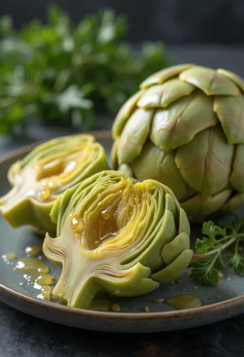 Artischockenherzen, fein geputzt, vor rustikalem Holzhintergrund