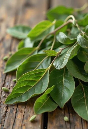 Getrocknete Lorbeerblätter auf Holzküchenplatte, in natürlicher Form