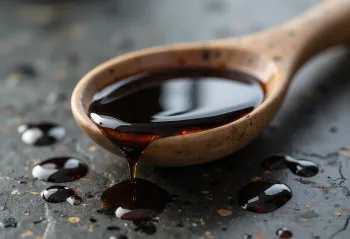 Balsamico-Essig in Glasschale, umgeben von frischen Trauben, Traubenmost und Holzfässern zur Reifung