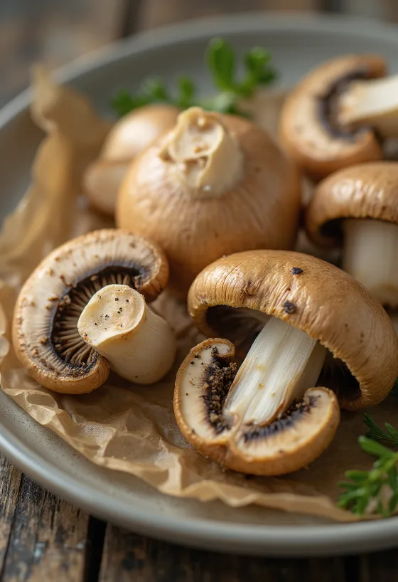 Geputzte und geschnittene braune Champignons auf Küchenschneidebrett
