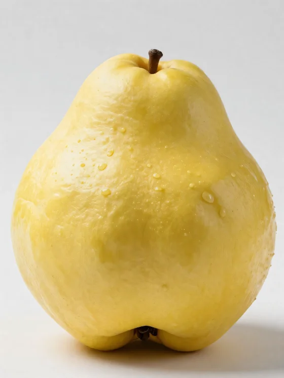 Ganze und geschnittene Quittenfrüchte auf Holzoberfläche mit grünen Blättern