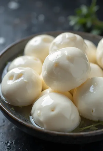 Frischer Büffelmozzarella in weißer Keramikschale auf Holztisch