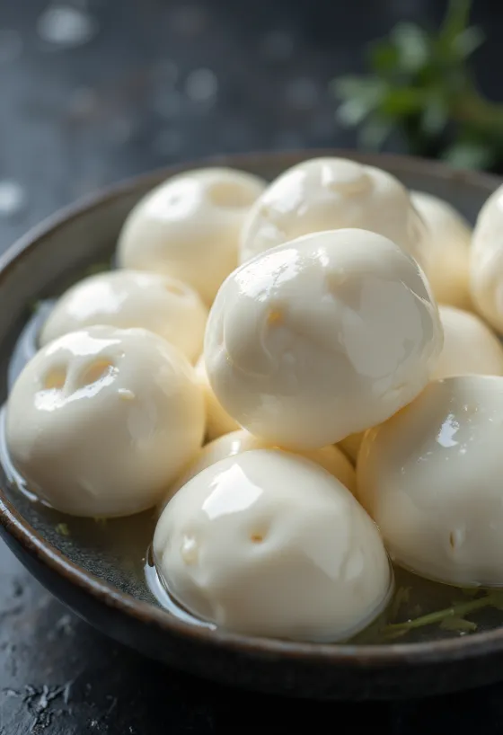 Frischer Büffelmozzarella in weißer Keramikschale auf Holztisch