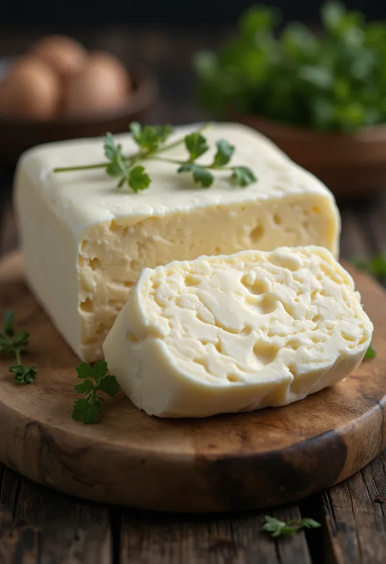 Büffelbutter in kleiner Keramikschale, cremiges, helles Fett