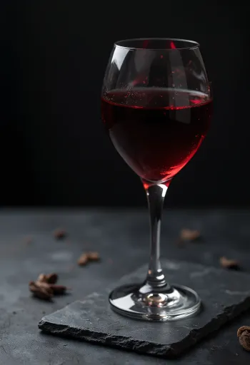 Wein in einem Glas, umgeben von Trauben, Traubenmost und einem Holzfass