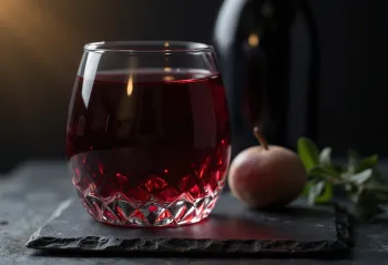 Wein in einem Glas, umgeben von Trauben, Traubenmost und einem Holzfass