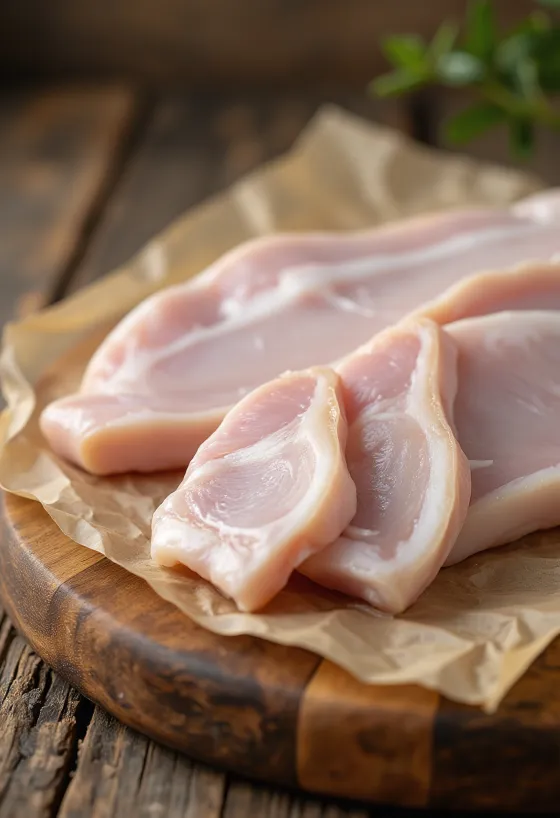 Geschnittene rohe Schweineschwarte auf Holzschneidebrett, gereinigt und vorbereitet