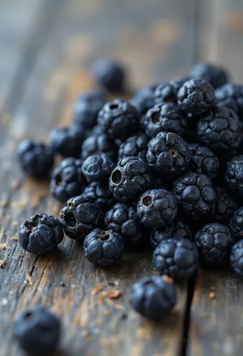 Getrocknete Wacholderbeeren auf rustikaler Holzoberfläche in natürlicher Form