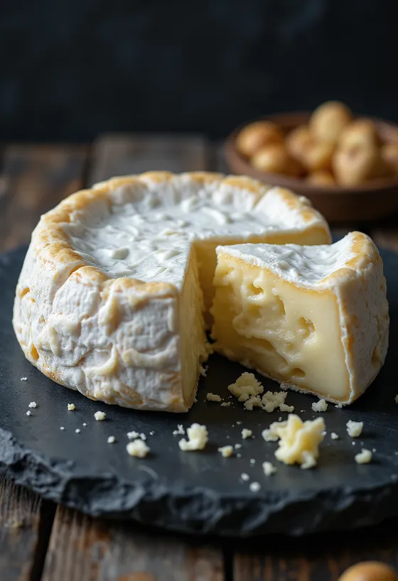 Frischer Brie Käse in einer weißen Keramikschale auf einem Holztisch