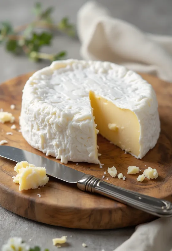 Geschnittener Brie-Käse auf Holzbrett, mit cremigem Inneren