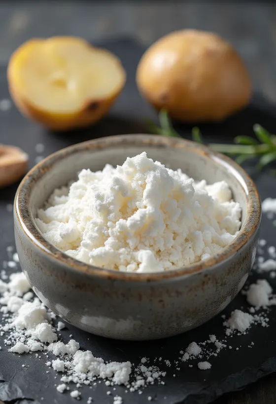Kartoffelstärke in feiner Pulverform in einer Schale und mit Holzlöffel verstreut