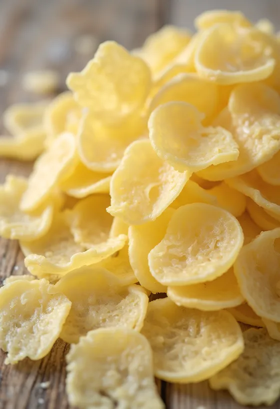 Kartoffelflocken als Küchenzutat in einer Schale, mit Holzlöffel verstreut
