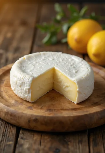 Frischer Camembert in einer weißen Keramikschale auf einem Holztisch