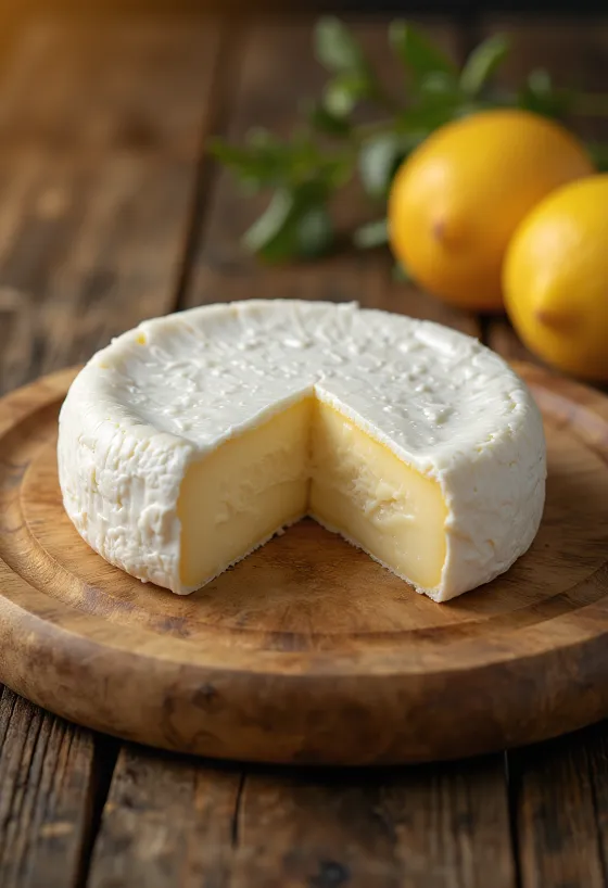 Frischer Camembert in einer weißen Keramikschale auf einem Holztisch