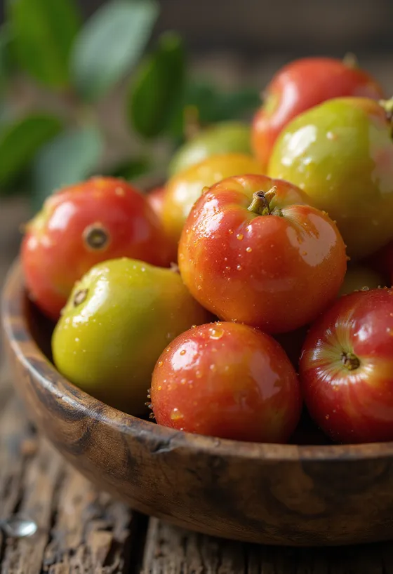 Frische Camu-Camu-Beeren aufgeschnitten und ganz auf neutraler Oberfläche