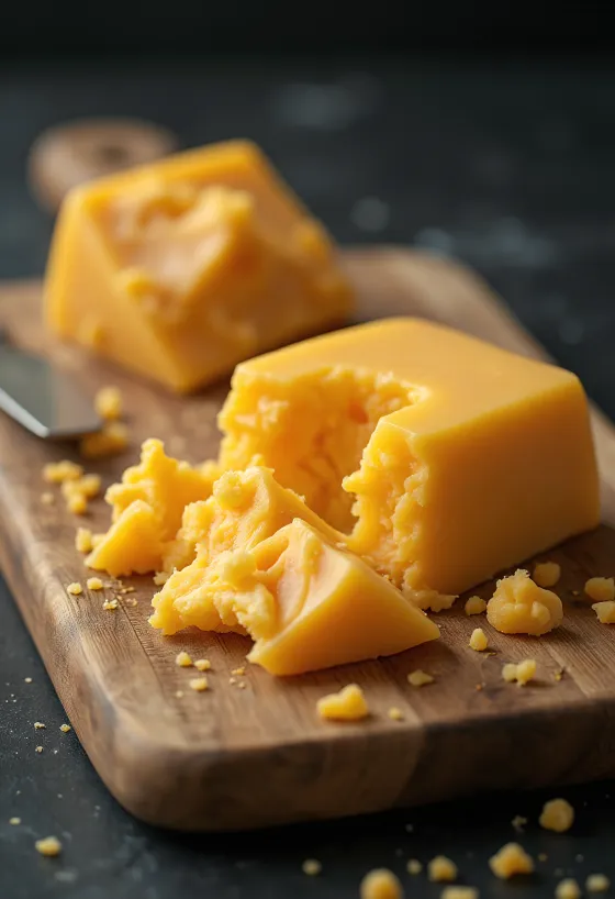 Geschnittener und gewürfelter Cheddar-Käse auf einem Holzschneidebrett