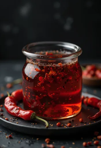 Chiliöl im Glas, daneben im Schälchen, mit getrockneten Chilischoten