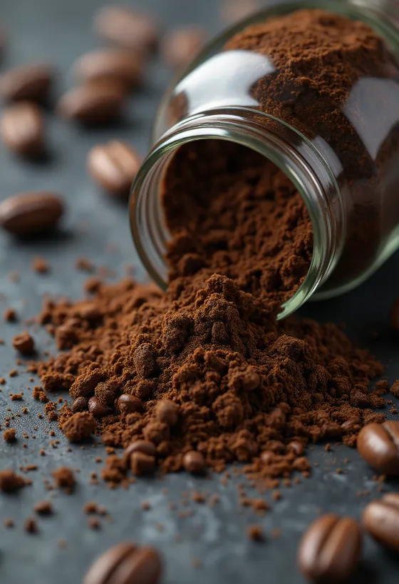 Geröstete Zichorienkaffee-Körner und getrocknete Zichorienwurzel in Holzlöffel und Schale