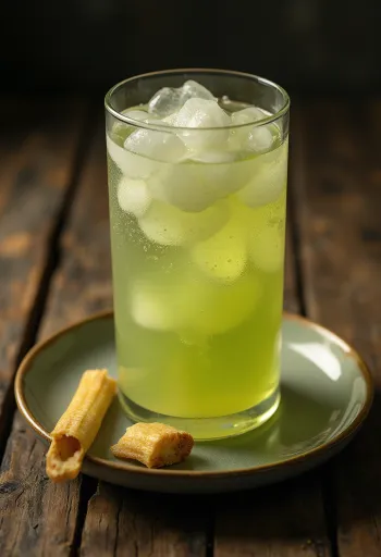 Frischer Zuckerrohrsaft im Glas, daneben geschnittene Zuckerrohrstücke