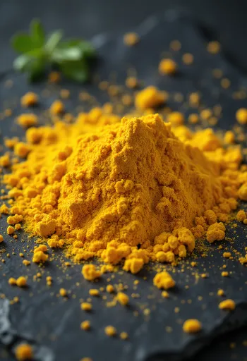Currypulver verstreut auf rustikaler Holztheke, in kleiner Schale