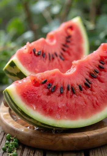 Frische, aufgeschnittene Wassermelone mit rotem Fruchtfleisch und schwarzen Kernen auf einer Holzoberfläche
