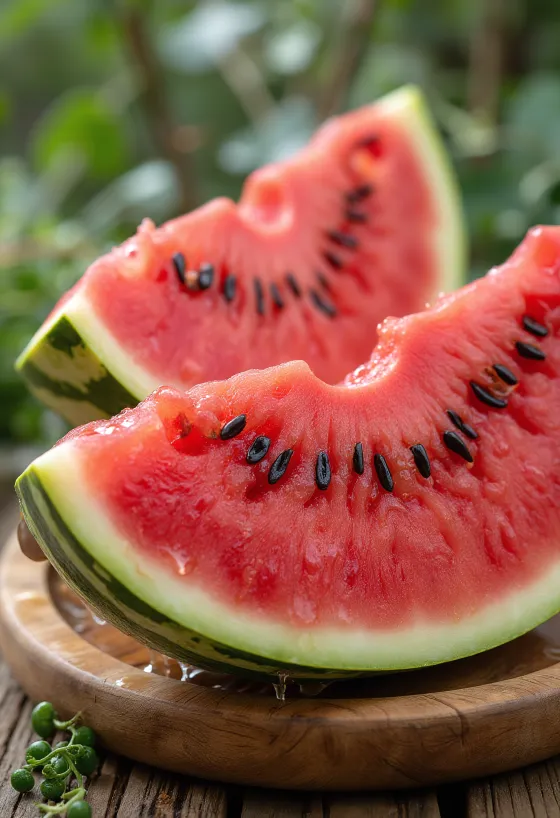 Frische, aufgeschnittene Wassermelone mit rotem Fruchtfleisch und schwarzen Kernen auf einer Holzoberfläche