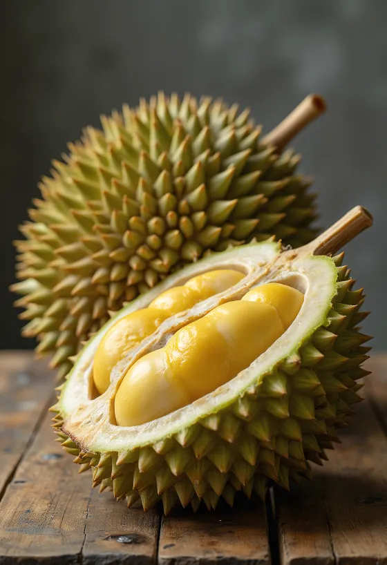 Ganze und aufgeschnittene Durian-Frucht mit stacheliger Schale und cremigem inneren Fruchtfleisch
