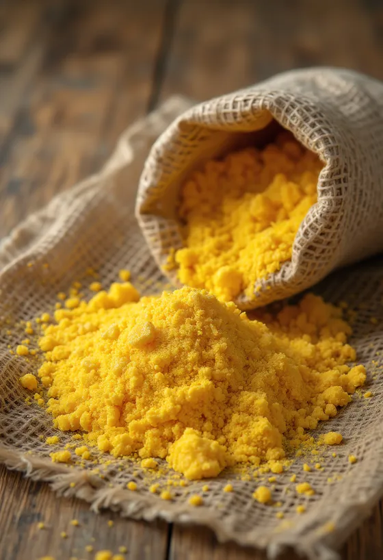 Grober, goldgelber Maisgrieß (Polenta) in Holzschale und verstreut