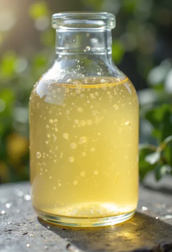Essig in Glasschale, umgeben von Apfel, Traube, Reis, Malz und Essigmutter auf einem rustikalen Holztisch