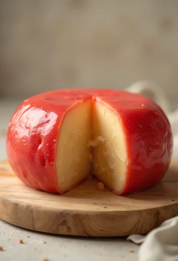 Geschnittener Edamer Käse mit roter Wachsschicht auf einem Holzkäsebrett
