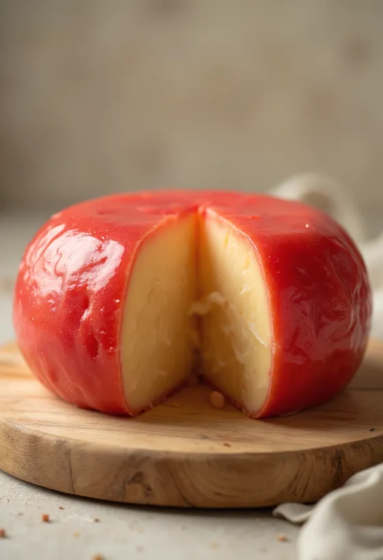 Geschnittener Edamer Käse mit roter Wachsschicht auf einem Holzkäsebrett