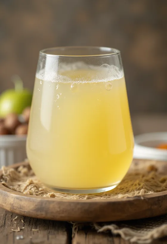 Glasschale mit Süßmolke und eine Flasche frische Molke auf rustikaler Oberfläche