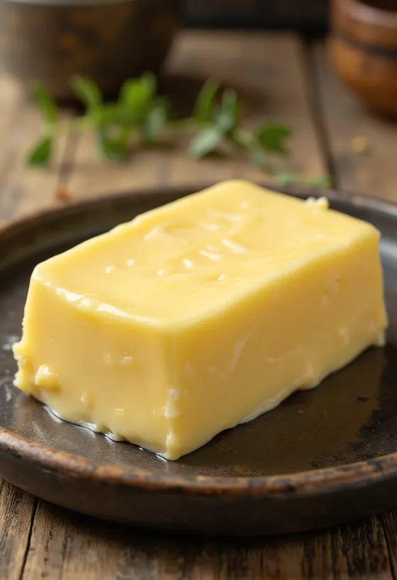 Cremige Butter aus Süßrahm in kleinem Gefäß, auf rustikaler Oberfläche