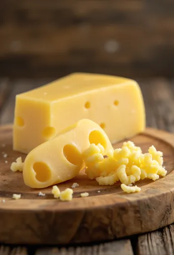 Frischer Emmentaler Käse in einer weißen Keramikschale auf einem Holztisch