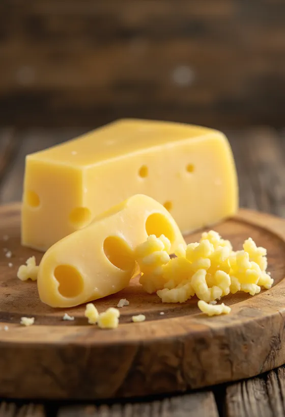 Frischer Emmentaler Käse in einer weißen Keramikschale auf einem Holztisch
