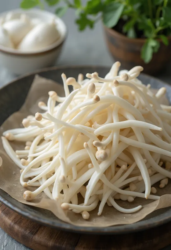 Geputzte Enoki-Pilze auf einem Küchenschneidebrett, vorbereitet zum Kochen