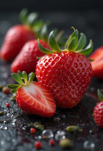 Frische ganze und halbierte Erdbeeren auf einem rustikalen Holztisch, mit Erdbeermarmelade